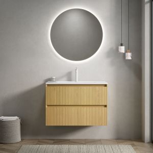 Meuble-lavabo mural de 75 cm, avec 2 tiroirs et vasque rectangulaire en céramique blanche à encastrer, finition bois teinté, design moderne, Naturel