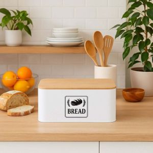 Boite a pain avec couvercle en bambou - design retro boitier en metal