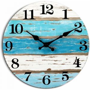 GABRIELLE Horloge murale - Horloge murale bleue sur le thème de la plage à piles silencieuse sans tic-tac, horloge nautique côtière rustique ronde
