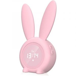 R&eacute;veil enfant, veilleuse lapin mignonne avec fonction snooze, r&eacute;veil lumineux pour filles et gar&ccedil;ons, veilleuse programmable, rose