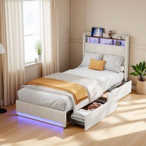 Lit Simple 90x200cm avec Tiroirs, Lit Enfant, Lit 1 Personnes capitonn&eacute; avec LED R&eacute;glables, T&ecirc;te de Lit avec Port USB et Rangement, Sommier &agrave; Lattes,