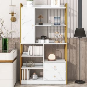 Bibliothèque, avec 6 étagères, portes, 2 tiroirs, rangement, cadre en métal doré, pour Salon, Chambre, Bureau, style industriel - Blanc