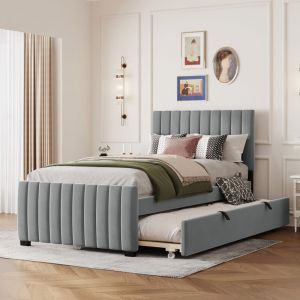 Lit rembourré 90 x 190 cm avec lit gigogne, lit simple plat en tissu velours doux pour la peau, lit enfant, lit adolescent, lit d'appoint (gris)