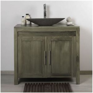 Ensemble meuble de salle de bain teck peint 90 cm avec vasque &agrave; poser ovale en terrazzo noir