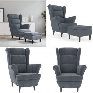 Fauteuil à oreilles avec tabouret gris foncé velours - Fauteuil Confort - Fauteuil Relaxant - Fauteuil Velours - Fauteuil Design - Fauteuil Moderne