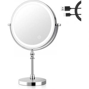 8 Pouces Miroir Grossissant Lumineux, 3 Couleurs Miroir Maquillage Lumineux, 1x/10x Grossissement Chargement USB, Miroir de Table Rotation &agrave; 360&deg;, pou