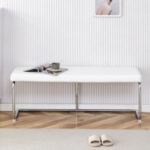 Banc en cuir avec structure chrom&eacute;e - 130 cm, banc moderne pour la salle &agrave; manger, l'entr&eacute;e et le salon, blanc