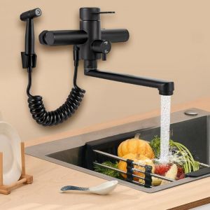 Robinet mural de cuisine avec pistolet pulv&eacute;risateur et types de jet d'eau - Robinet d'&eacute;vier rotatif &agrave; 360&deg; - Bec 230 mm - Mitigeur mural en acier