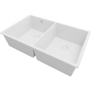 PRIMAGRAN Evier Sous Plan 76x47cm, Evier en Granit 2 bacs + Kit de Vidage, Évier au meuble 80cm - London Twin, Tout Blanc