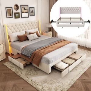 Lit adulte capitonné 160x200 cm avec 3 tiroirs, velours, éclairage led, sommier à lattes en bois massif, nombreux rangements, lit double scandinave