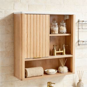 Armoire Murale de Salle de Bain Style Flut&eacute; avec Porte Coulissante, Armoire M&eacute;dicale Moderne avec Plateau Faux Marbre & &Eacute;tag&egrave;re R&eacute;glable, Profil