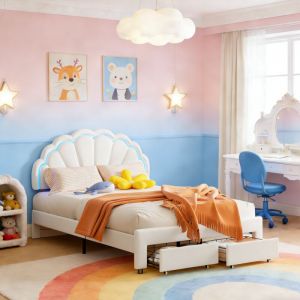 Lit double rembourr&eacute; 140x200 cm avec 2 tiroirs, Lit enfant 90x200 cm avec t&ecirc;te de lit de coquillage r&eacute;glable, LED int&eacute;gr&eacute;, Sommier &agrave; lattes, Velours,