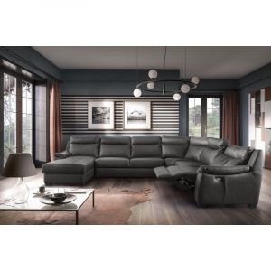 Canap&eacute; d'angle relax et convertible en cuir &eacute;pais de luxe italien avec relax &eacute;lectrique, 8 places bosini, anthracite, angle droit - Anthracite