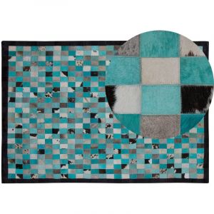 Beliani - Tapis Rectangulaire Bleu Turquoise et Gris en Cuir Patchwork Motif à Damier pour Intérieur Moderne 140 x 200 cm