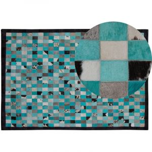 Beliani - Tapis Rectangulaire Bleu Turquoise et Gris en Cuir Patchwork Motif à Damier pour Intérieur Moderne 140 x 200 cm Noir