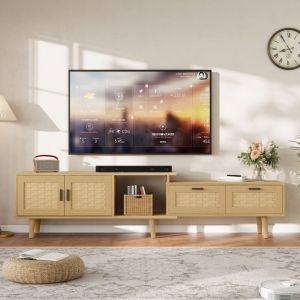 Meuble TV Extensible en Finition Ch&ecirc;ne avec Fronton en Rotin - Bas de T&eacute;l&eacute;vision avec 2 Portes et 2 Tiroirs, Design Naturel pour Salon ou Salle &agrave;