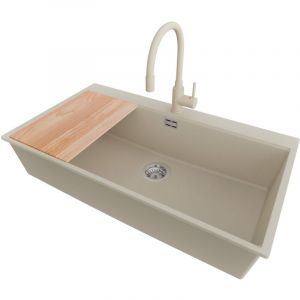 PRIMAGRAN Evier Cuisine en Granit 88x50cm,Lavabo 1 bac + Robinet 38x14cm + Kit de Vidage + Planche à Découper, Évier à Encastrer au meuble 90cm