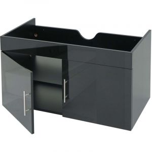 Meuble sous-vasque 90 cm meuble de salle de bain suspendu avec 2 portes et &eacute;tag&egrave;re r&eacute;glable MDF noir brillant 040010535