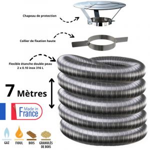 Kit tubage flexible double peau inox diamètre 100 + collier + chapeau Edilinox Longueur du conduit 7 mètres