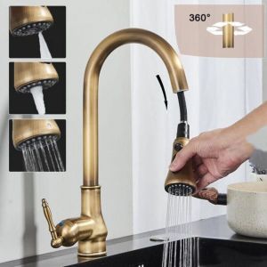 Mitigeur de Cuisine Rétro Evier Rabattable Fenêtre en Laiton Acier Inox 304 Robinet , Cuisine Douchette Extractible 3 Fonctions