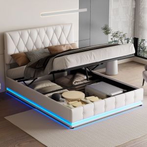 Lit coffre 140x190 cm, tête de lit led décor losange, sommier à lattes, rangement, cadre de lit, lit adulte, simili cuir - Blanc