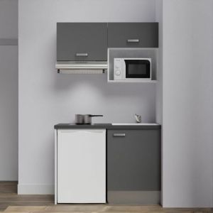 Kitchenette K02L-PT - 120 cm avec plan de travail et évier - emplacements frigo, hotte et micro-ondes - Façade Gris - Plan Noir texturé - Evier Inox