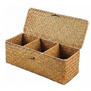 Panier de Rangement avec Couvercle Rectangulaire Coffre en Osier avec Compartiments Organisable Papier Toilette Snack Jouets