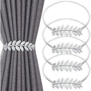 Lot de 4 Embrasse pour Rideaux, Attache Rideau Strass en Forme de Feuille Argent&eacute;e, Embrasse Rideau avec Corde &agrave; Ressort R&eacute;glable, Attache Rideaux
