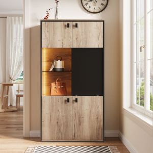Vitrine - Armoire de rangement 77,8x36x150 cm 3 zones avec porte coulissante, &eacute;tag&egrave;re en verre, LED, bois naturel