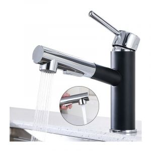 KZQ - Mitigeur de Cuisine avec Douchette Extractible Robinet de Cuisine 2 Jets Mitigeur d'Evier Rotatif à 120° en Acier Inox Durable Noir et Chromé