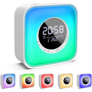 R&eacute;veil Lumineux avec Enceinte Bluetooth avec Lampe de Chevet LED avec 10 Changements de Coul, R&eacute;veil &agrave; Calendrier Num&eacute;rique, Radio FM et Affichage de