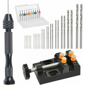 37 Pièces Ensemble de Perceuse à Main Mini Perceuse à Main de Precision Aluminum Mandrin sans Clé Foret Fraise Twist Forets Torsion et étau Banc pour