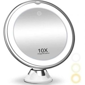 UlisemMiroir de maquillage grossissant x10 avec éclairage, éclairage 3 couleurs, miroir de douche avec ventouse, interrupteur intelligent, rotation à