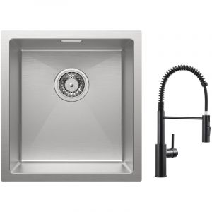 Cecipa - vier 1 Bac 40 x 44 cm &Eacute;vier Inox &Eacute;vier de Cuisine Bross&eacute; + Mitigeur de Cuisine &agrave; Ressort avec Douchette Extractible, Robinet Evier 2 Modes