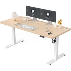 Devoko - Bureau debout réglable en hauteur table debout 160 x 60 cm, bureau avec planche d'épissure, cadre blanc crème/plateau beige