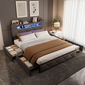 Lit capitonn&eacute; 140x190 cm - Lit double avec LED - 4 tiroirs - sommier &agrave; lattes - t&ecirc;te de lit avec espace de rangement - fonction de charge USB - gris