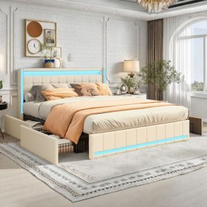 Tanant - Lit double avec tiroirs 140x190cm, Tissu Lin, avec 4 tiroirs et ports de chargement, éclairage led, sommier à lattes en bois, cadre de lit,