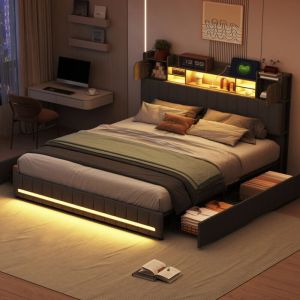 Blanketswarm - Lit Double 140 x 190 cm avec Rangement,Lit Coffre 140x190 avec Led et usb Lit Capitonné avec Tiroir Cadre de Lit avec Rangement Lit