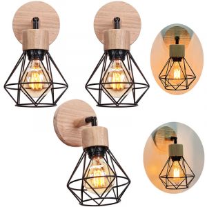 Axhup - Applique Murale en Bois E27 Lampe Murale Vintage Industrielle Cage en M&eacute;tal E27 40W Noir - 3PCS