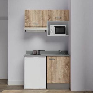 Kitchenette K02L - 120 cm avec plan monobloc, emplacement frigo, hotte et micro-ondes-Bois-Cromo-évier à droite