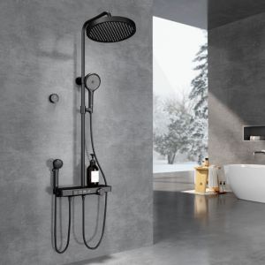 Emke - Colonne de douche thermostatique, 40 cm étagère en verre, Douche de tête, 3 Modes douchette à mains, Douchette enfant, Certification ktw, Noir