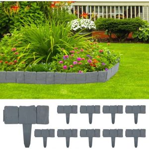10 PCS Bordures de Jardin 2.5m Bordure de Pelouse Bordure de Gazon Jardin Cl&ocirc;ture Bordure Cl&ocirc;ture Effet Pierre Gris Bords de Pelouse en Plastique