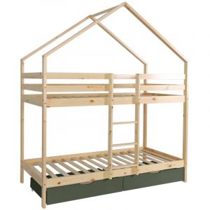 Lit enfant superpos&eacute; cabane 90 x 190 cm pin naturel sommier &agrave; lattes et tiroirs vert - Roya