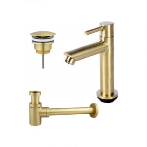 FugaFlow Eccelente Sobrado ensemble de robinets de lavabo avec robinet de lavabo sur pied bas, bouchon toujours ouvert et siphon design en laiton