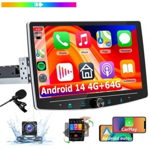 Essgoo - Autoradio Bluetooth 1DIN Android 14, unit&eacute; centrale rotative de 10,1 pouces, gps, radio CarPlay - 4+64G cam