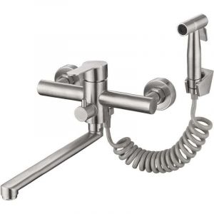 Robinet de cuisine mural en nickel bross&eacute; avec douchette lat&eacute;rale - Mitigeur d'&eacute;vier utilitaire de qualit&eacute; commerciale, sans plomb, bec de 12 po