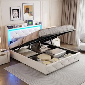 Blanketswarm - Lit coffre 160x200cm, Lit adulte avec recharge usb, Lit capitonné, tète de lit de rangement éclairée led réglable, décoration cloutée,