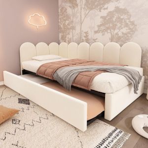 Lit d'enfant, lit rembourr&eacute; 90x200 cm, canap&eacute;-lit avec lit escamotable, velours, beige, sans matelas