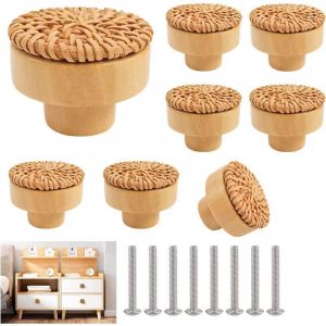 8 Pi&egrave;ces Bouton Cuisine De Placard En Rotin Poign&eacute;e De Meuble Cuisine Boutons De Porte Meuble Tiroir Placard, Tiroir Enbois Ronds Pour Cusine Chambre