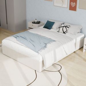 Lit coffre adulte 160x200 cm, lit double capitonn&eacute; avec sommier relevable hydraulique, sans t&ecirc;te de lit ni matelas, rev&ecirc;tement velours, beige